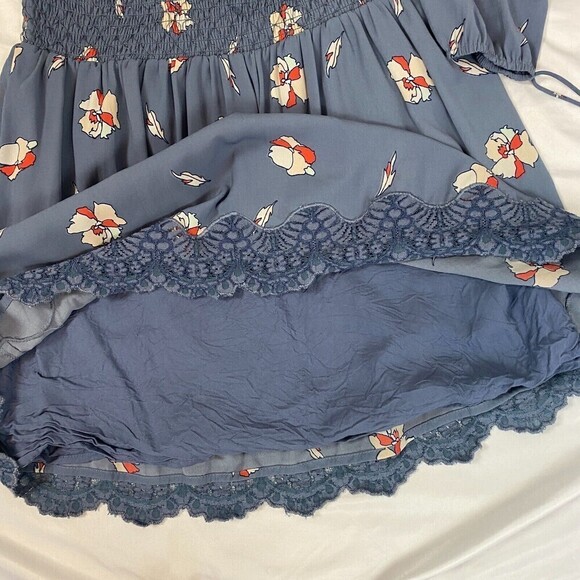 Abercrombie & Fitch Blue Floral Smocked Off The Shoulder Babydoll Mini Dress S - Picture 9 of 14